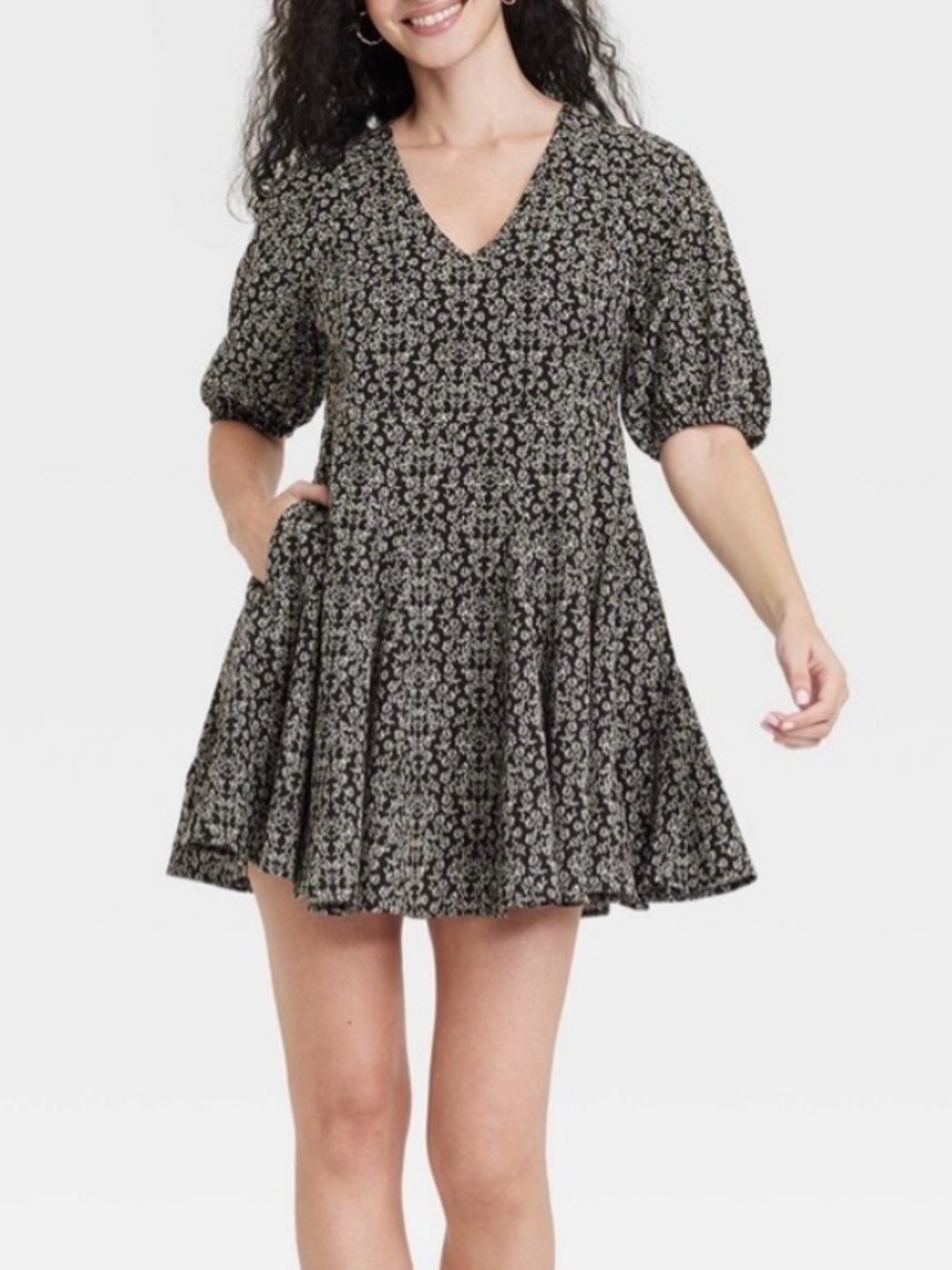 Black Floral V-Neck Swing Dress